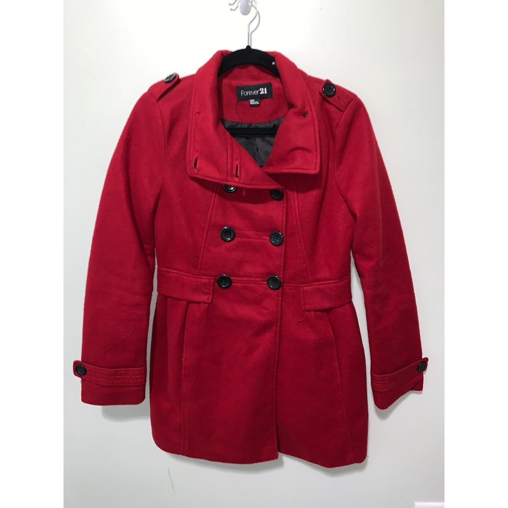 Forever 21 Red Double Breasted Pea Coat with Epaulettes Size Medium